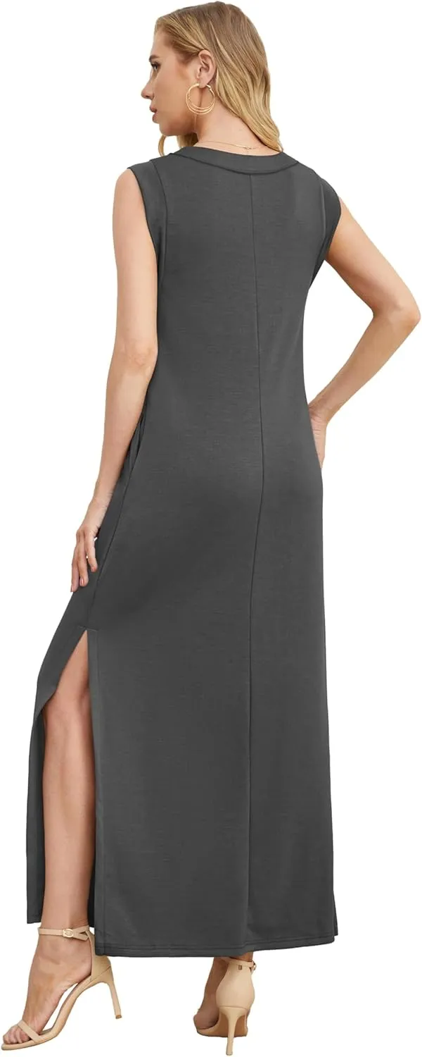 GRECERELLE 2025 Women Summer V-Neck Casual Loose Split Wrinkle-Free Long Maxi Beach Dress with Pockets