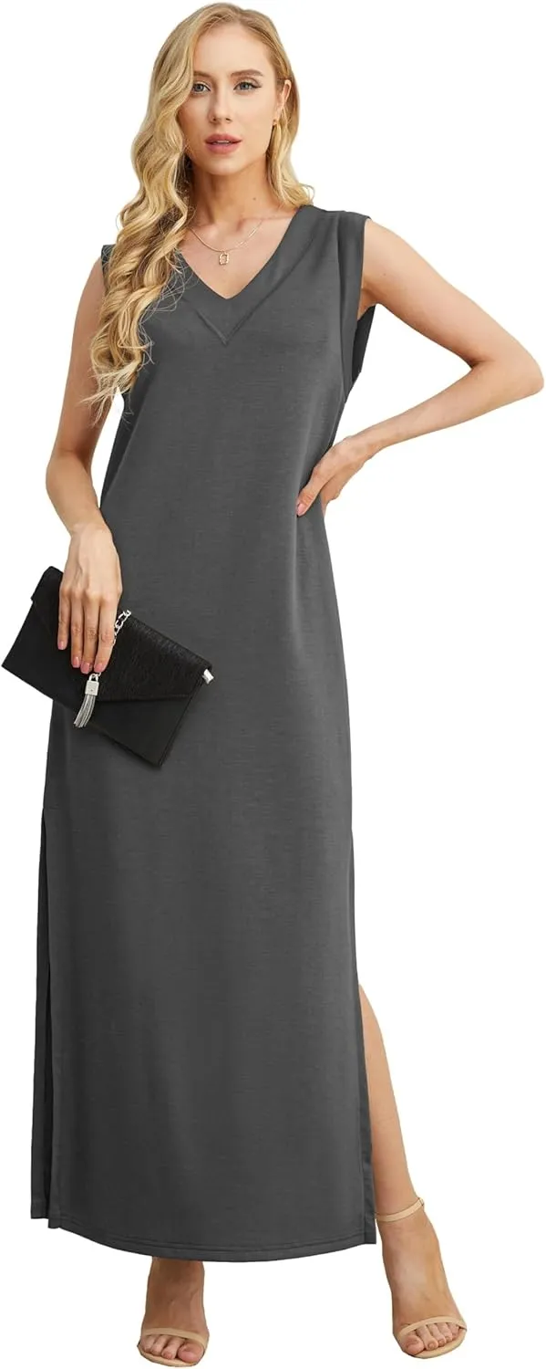 GRECERELLE 2025 Women Summer V-Neck Casual Loose Split Wrinkle-Free Long Maxi Beach Dress with Pockets