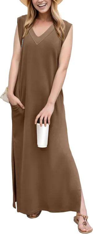 GRECERELLE 2025 Women Summer V-Neck Casual Loose Split Wrinkle-Free Long Maxi Beach Dress with Pockets