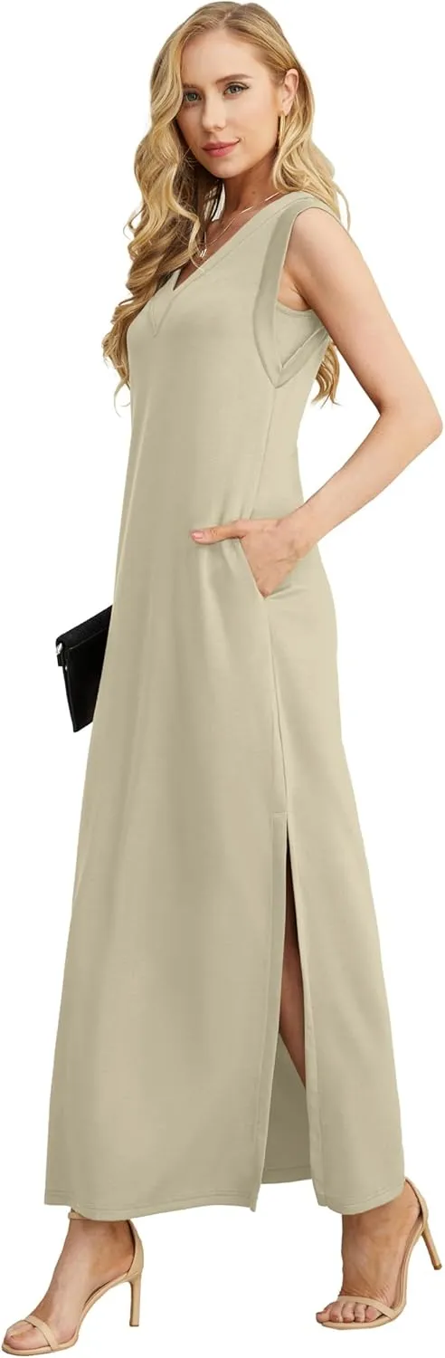 GRECERELLE 2025 Women Summer V-Neck Casual Loose Split Wrinkle-Free Long Maxi Beach Dress with Pockets