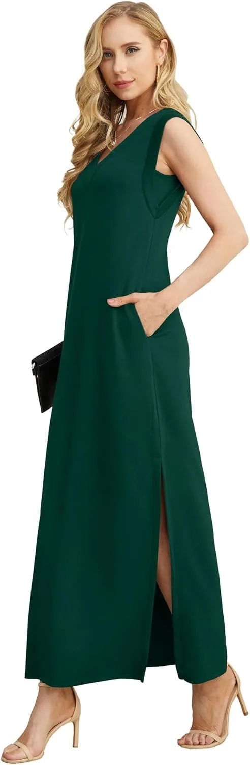 GRECERELLE 2025 Women Summer V-Neck Casual Loose Split Wrinkle-Free Long Maxi Beach Dress with Pockets