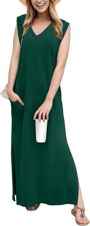 GRECERELLE 2025 Women Summer V-Neck Casual Loose Split Wrinkle-Free Long Maxi Beach Dress with Pockets