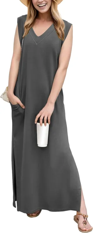GRECERELLE 2025 Women Summer V-Neck Casual Loose Split Wrinkle-Free Long Maxi Beach Dress with Pockets