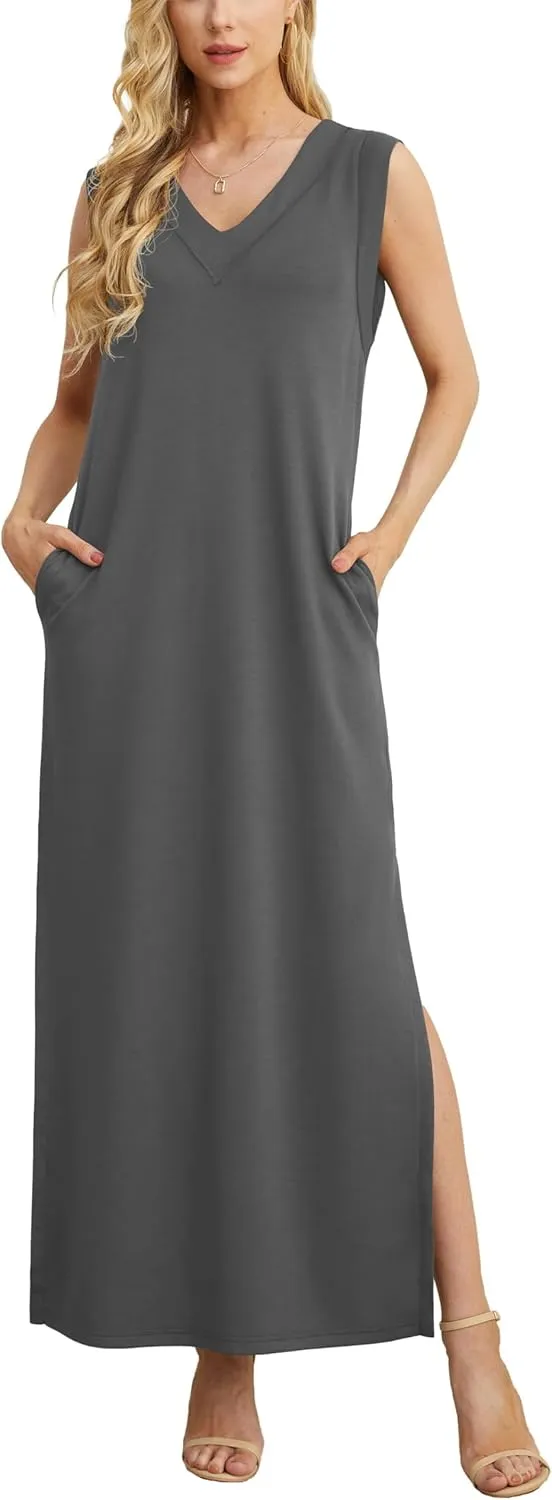 GRECERELLE 2025 Women Summer V-Neck Casual Loose Split Wrinkle-Free Long Maxi Beach Dress with Pockets