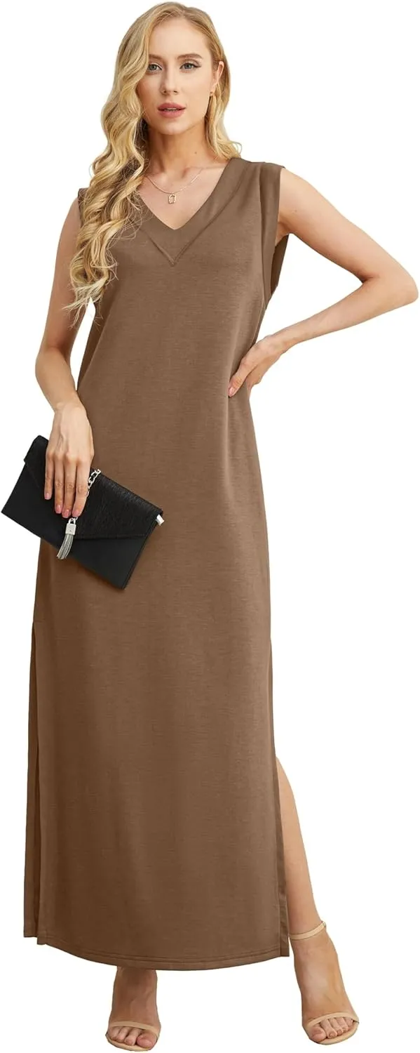 GRECERELLE 2025 Women Summer V-Neck Casual Loose Split Wrinkle-Free Long Maxi Beach Dress with Pockets