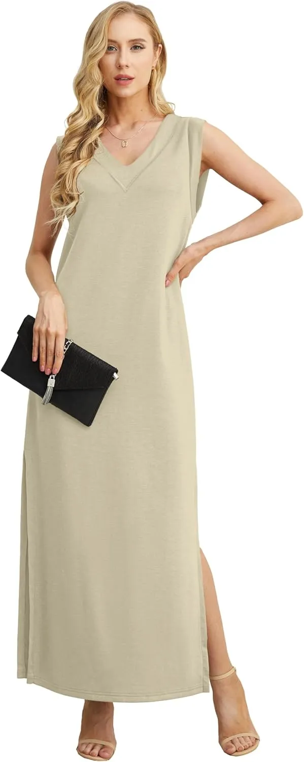 GRECERELLE 2025 Women Summer V-Neck Casual Loose Split Wrinkle-Free Long Maxi Beach Dress with Pockets