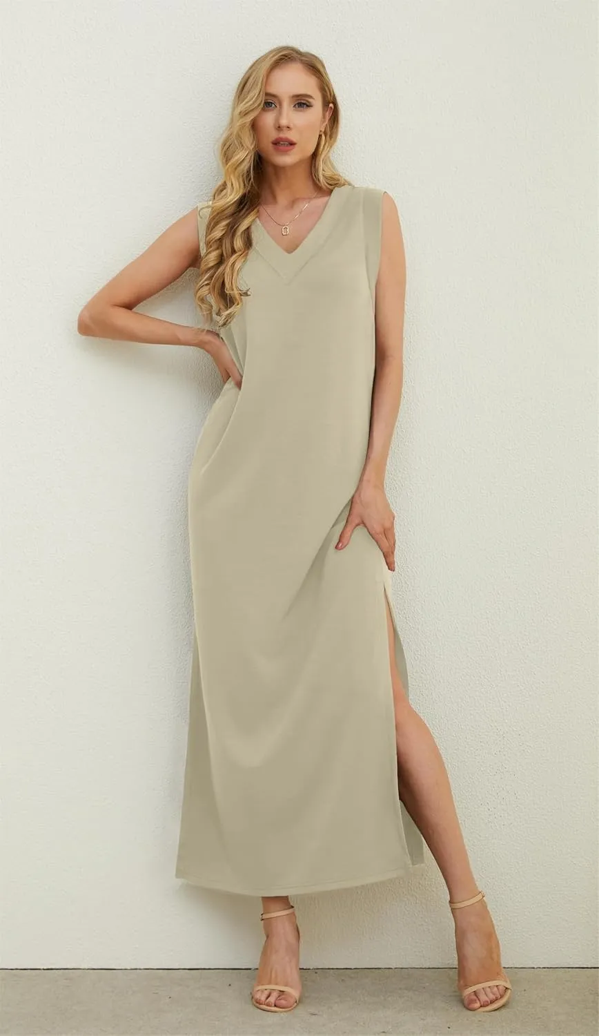 GRECERELLE 2025 Women Summer V-Neck Casual Loose Split Wrinkle-Free Long Maxi Beach Dress with Pockets