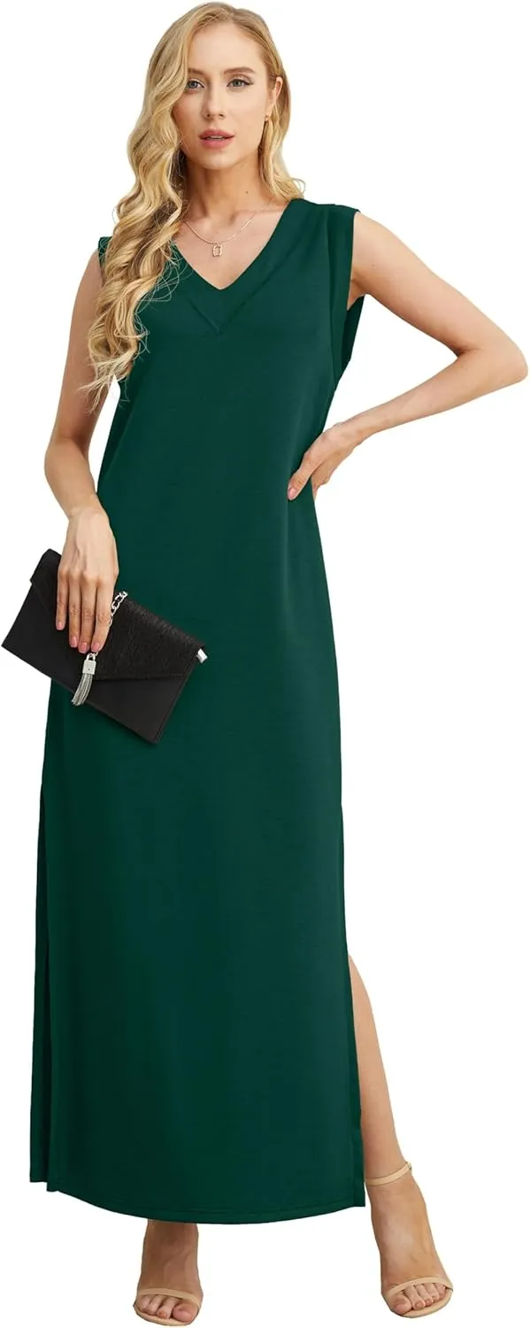 GRECERELLE 2025 Women Summer V-Neck Casual Loose Split Wrinkle-Free Long Maxi Beach Dress with Pockets
