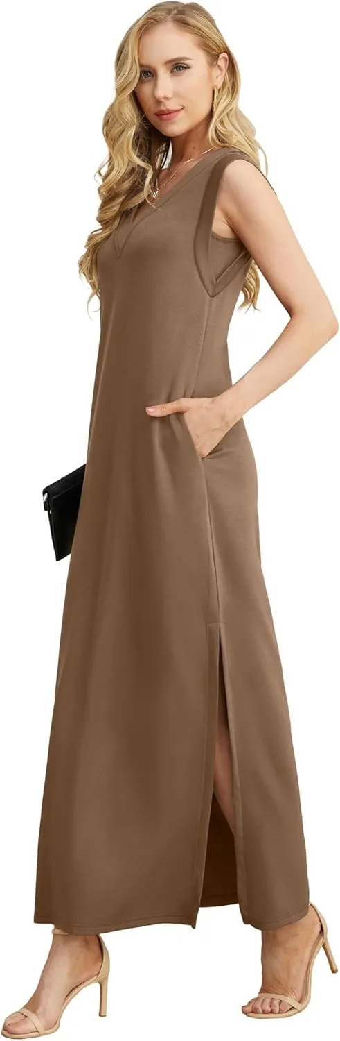GRECERELLE 2025 Women Summer V-Neck Casual Loose Split Wrinkle-Free Long Maxi Beach Dress with Pockets