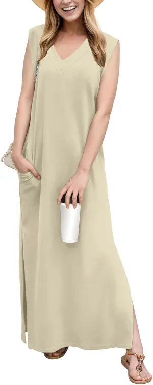 GRECERELLE 2025 Women Summer V-Neck Casual Loose Split Wrinkle-Free Long Maxi Beach Dress with Pockets