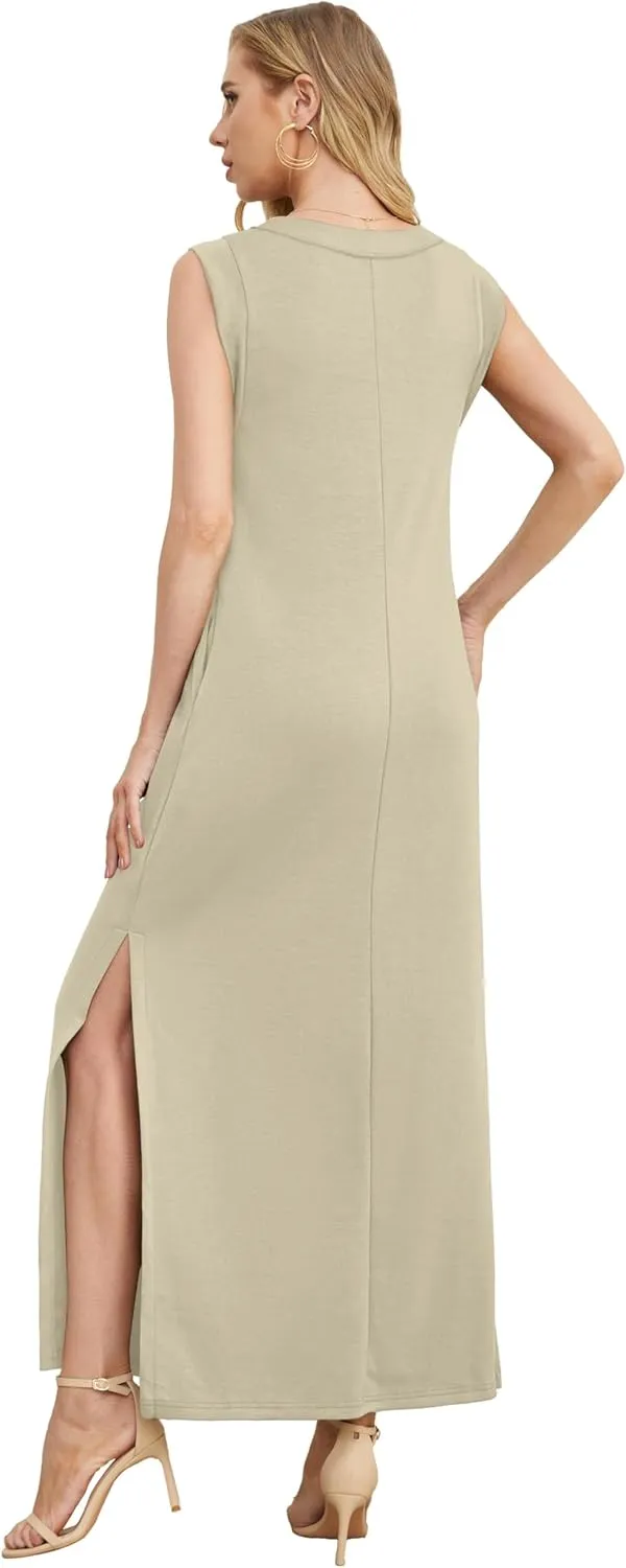 GRECERELLE 2025 Women Summer V-Neck Casual Loose Split Wrinkle-Free Long Maxi Beach Dress with Pockets