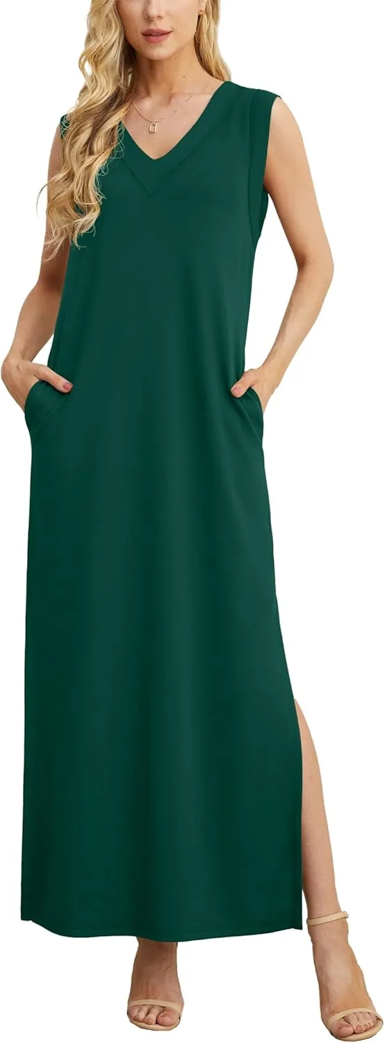 GRECERELLE 2025 Women Summer V-Neck Casual Loose Split Wrinkle-Free Long Maxi Beach Dress with Pockets