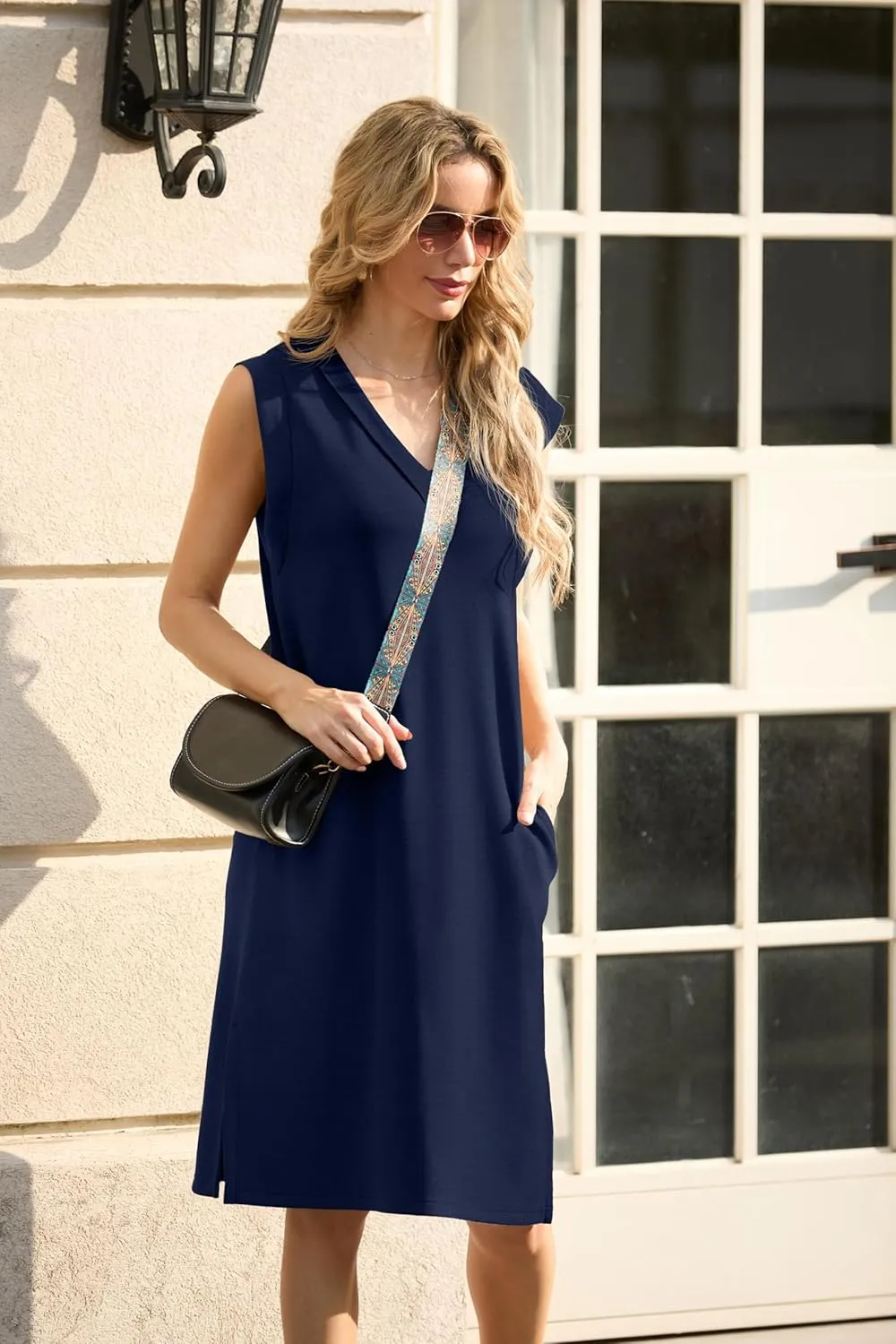 GRECERELLE 2025 Women Summer V-Neck Casual Loose Split Wrinkle-Free Midi Dress with Pockets