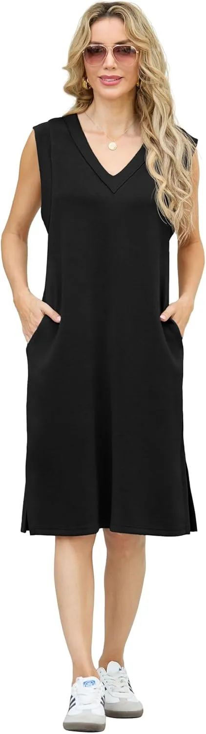 GRECERELLE 2025 Women Summer V-Neck Casual Loose Split Wrinkle-Free Midi Dress with Pockets