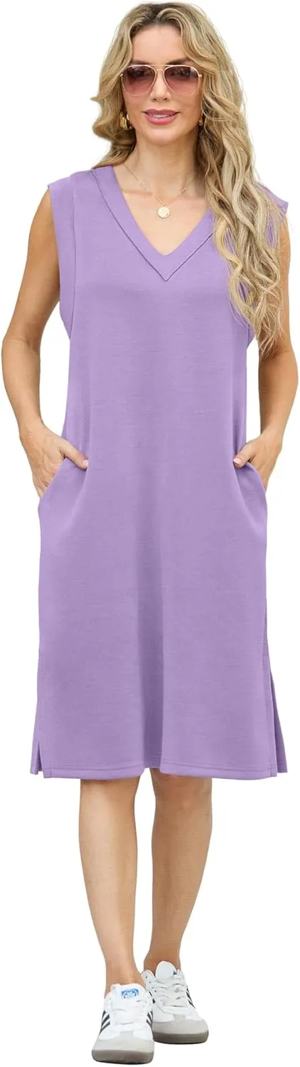 GRECERELLE 2025 Women Summer V-Neck Casual Loose Split Wrinkle-Free Midi Dress with Pockets