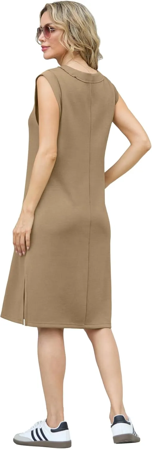 GRECERELLE 2025 Women Summer V-Neck Casual Loose Split Wrinkle-Free Midi Dress with Pockets