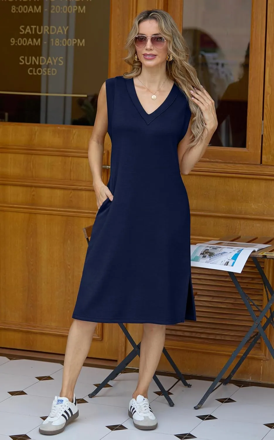 GRECERELLE 2025 Women Summer V-Neck Casual Loose Split Wrinkle-Free Midi Dress with Pockets
