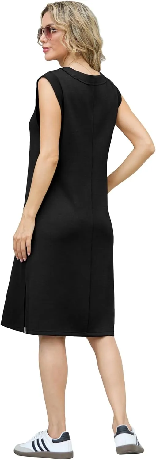 GRECERELLE 2025 Women Summer V-Neck Casual Loose Split Wrinkle-Free Midi Dress with Pockets