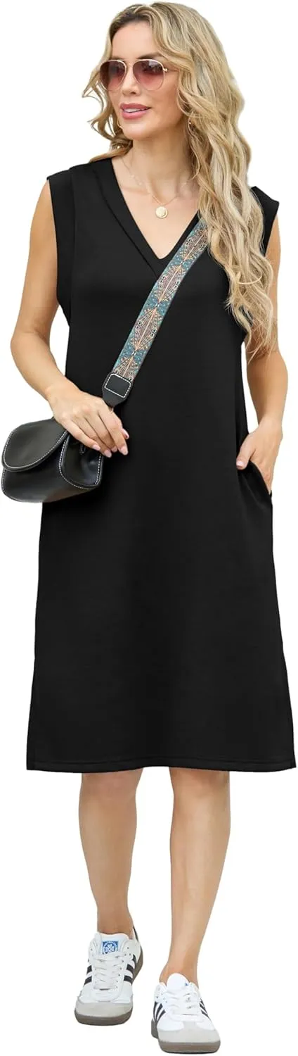 GRECERELLE 2025 Women Summer V-Neck Casual Loose Split Wrinkle-Free Midi Dress with Pockets