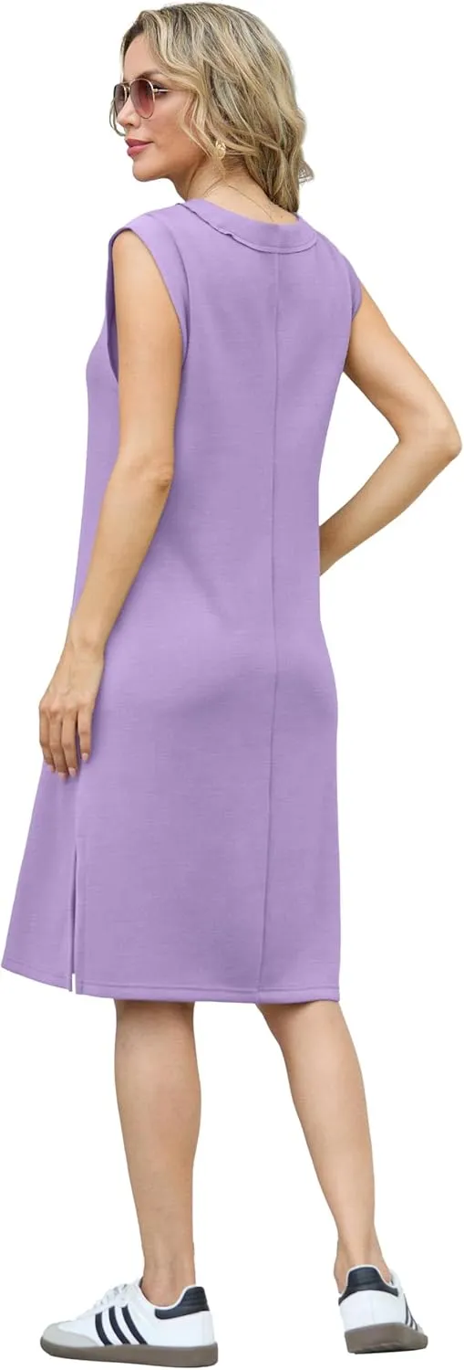 GRECERELLE 2025 Women Summer V-Neck Casual Loose Split Wrinkle-Free Midi Dress with Pockets