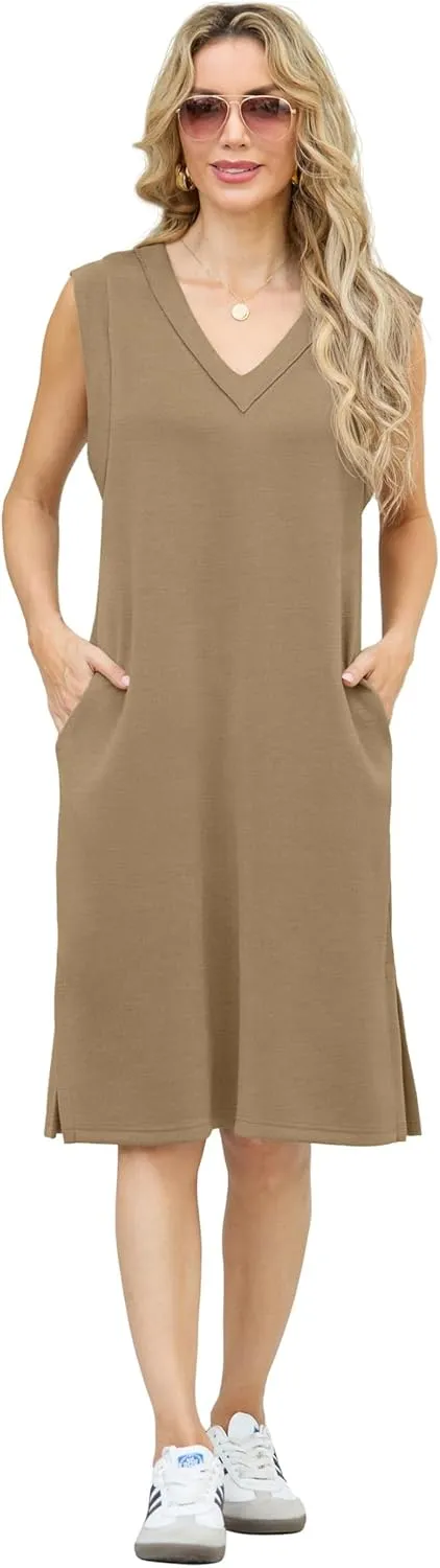 GRECERELLE 2025 Women Summer V-Neck Casual Loose Split Wrinkle-Free Midi Dress with Pockets