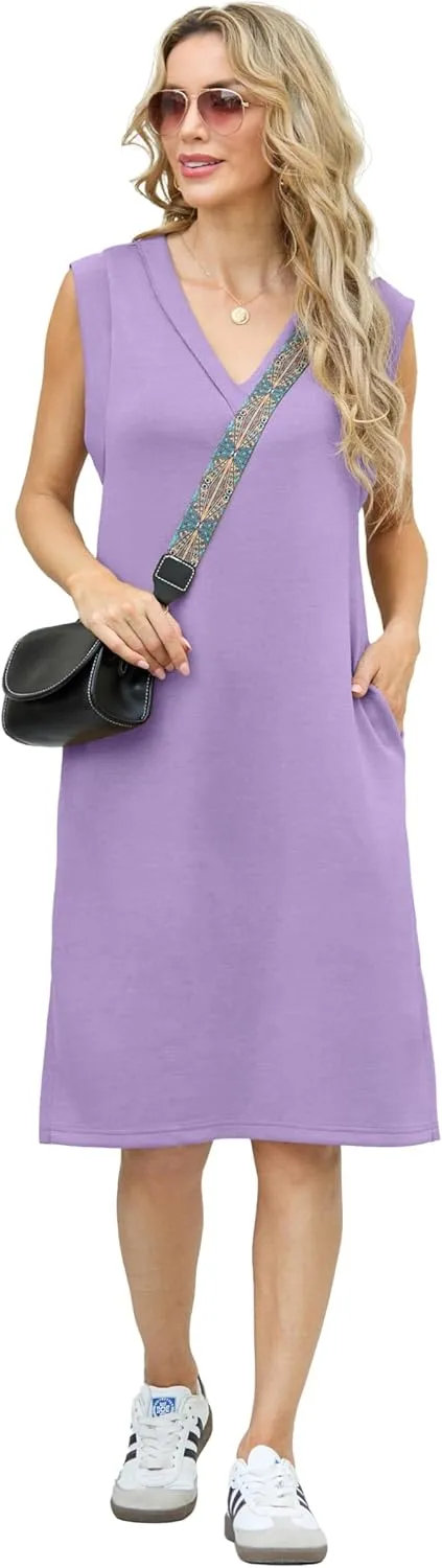 GRECERELLE 2025 Women Summer V-Neck Casual Loose Split Wrinkle-Free Midi Dress with Pockets