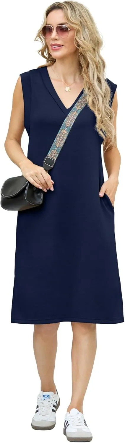GRECERELLE 2025 Women Summer V-Neck Casual Loose Split Wrinkle-Free Midi Dress with Pockets
