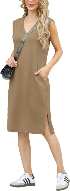 GRECERELLE 2025 Women Summer V-Neck Casual Loose Split Wrinkle-Free Midi Dress with Pockets