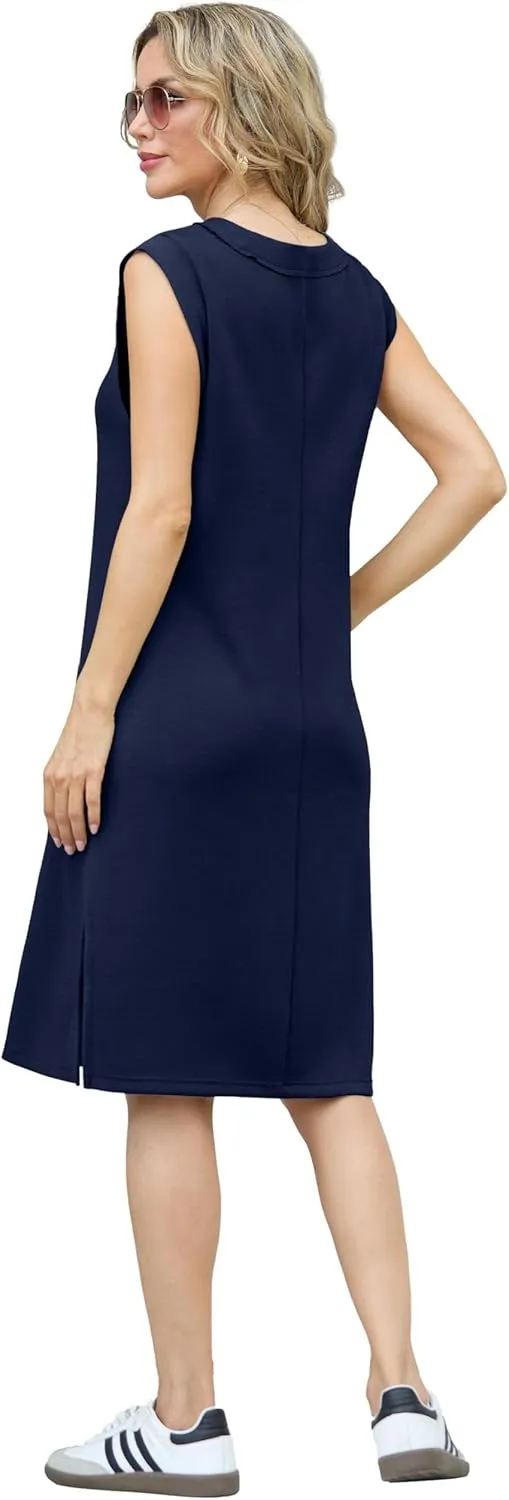 GRECERELLE 2025 Women Summer V-Neck Casual Loose Split Wrinkle-Free Midi Dress with Pockets