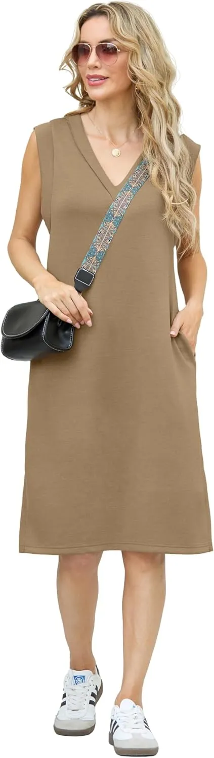 GRECERELLE 2025 Women Summer V-Neck Casual Loose Split Wrinkle-Free Midi Dress with Pockets