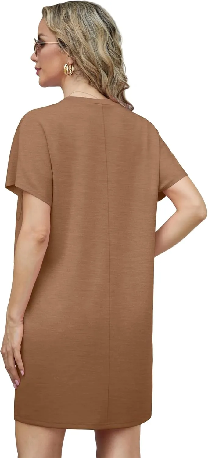 GRECERELLE Women's 2025 Casual Summer Shirt Dress Loose Round Neck Mini Wrinkle-Free Sundress with Pocket