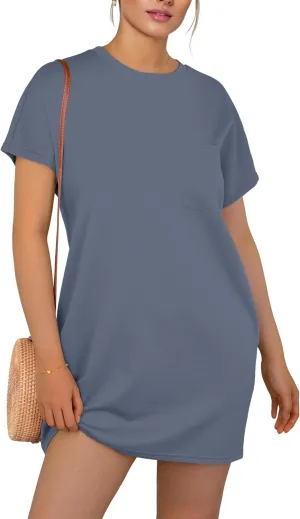 GRECERELLE Women's 2025 Casual Summer Shirt Dress Loose Round Neck Mini Wrinkle-Free Sundress with Pocket