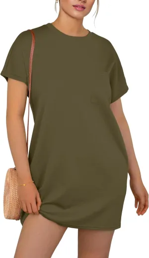 GRECERELLE Women's 2025 Casual Summer Shirt Dress Loose Round Neck Mini Wrinkle-Free Sundress with Pocket