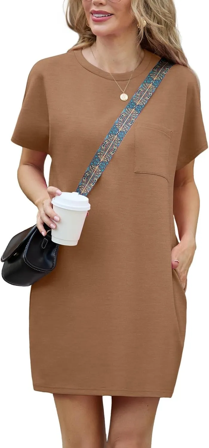 GRECERELLE Women's 2025 Casual Summer Shirt Dress Loose Round Neck Mini Wrinkle-Free Sundress with Pocket