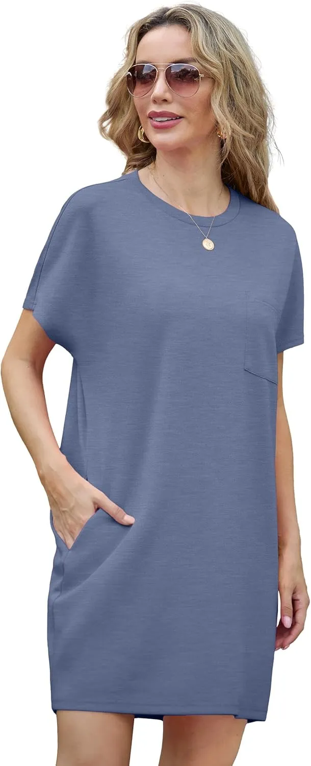 GRECERELLE Women's 2025 Casual Summer Shirt Dress Loose Round Neck Mini Wrinkle-Free Sundress with Pocket