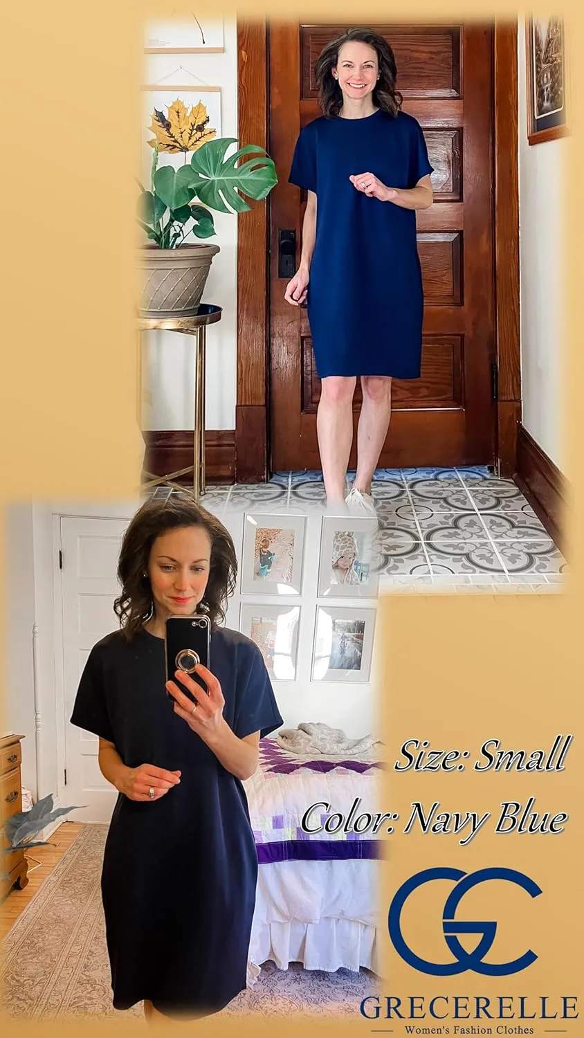 GRECERELLE Women's 2025 Casual Summer Shirt Dress Loose Round Neck Mini Wrinkle-Free Sundress with Pocket
