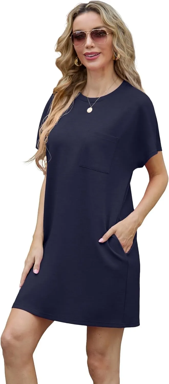 GRECERELLE Women's 2025 Casual Summer Shirt Dress Loose Round Neck Mini Wrinkle-Free Sundress with Pocket