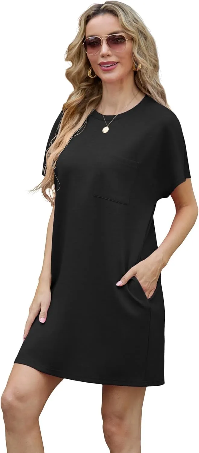 GRECERELLE Women's 2025 Casual Summer Shirt Dress Loose Round Neck Mini Wrinkle-Free Sundress with Pocket