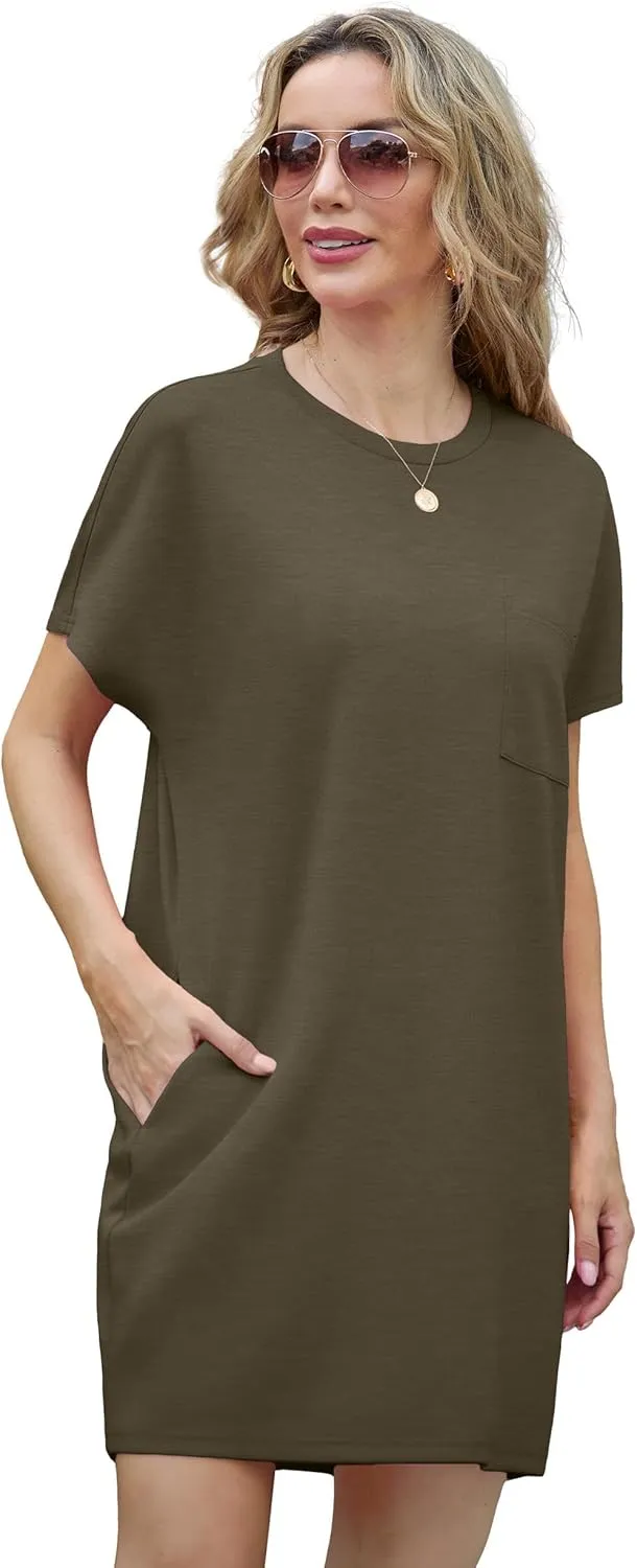 GRECERELLE Women's 2025 Casual Summer Shirt Dress Loose Round Neck Mini Wrinkle-Free Sundress with Pocket