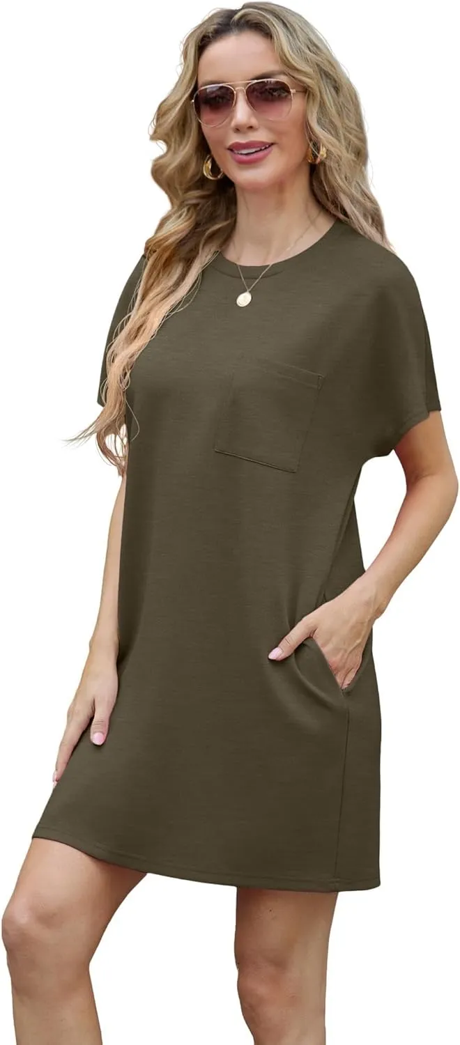 GRECERELLE Women's 2025 Casual Summer Shirt Dress Loose Round Neck Mini Wrinkle-Free Sundress with Pocket