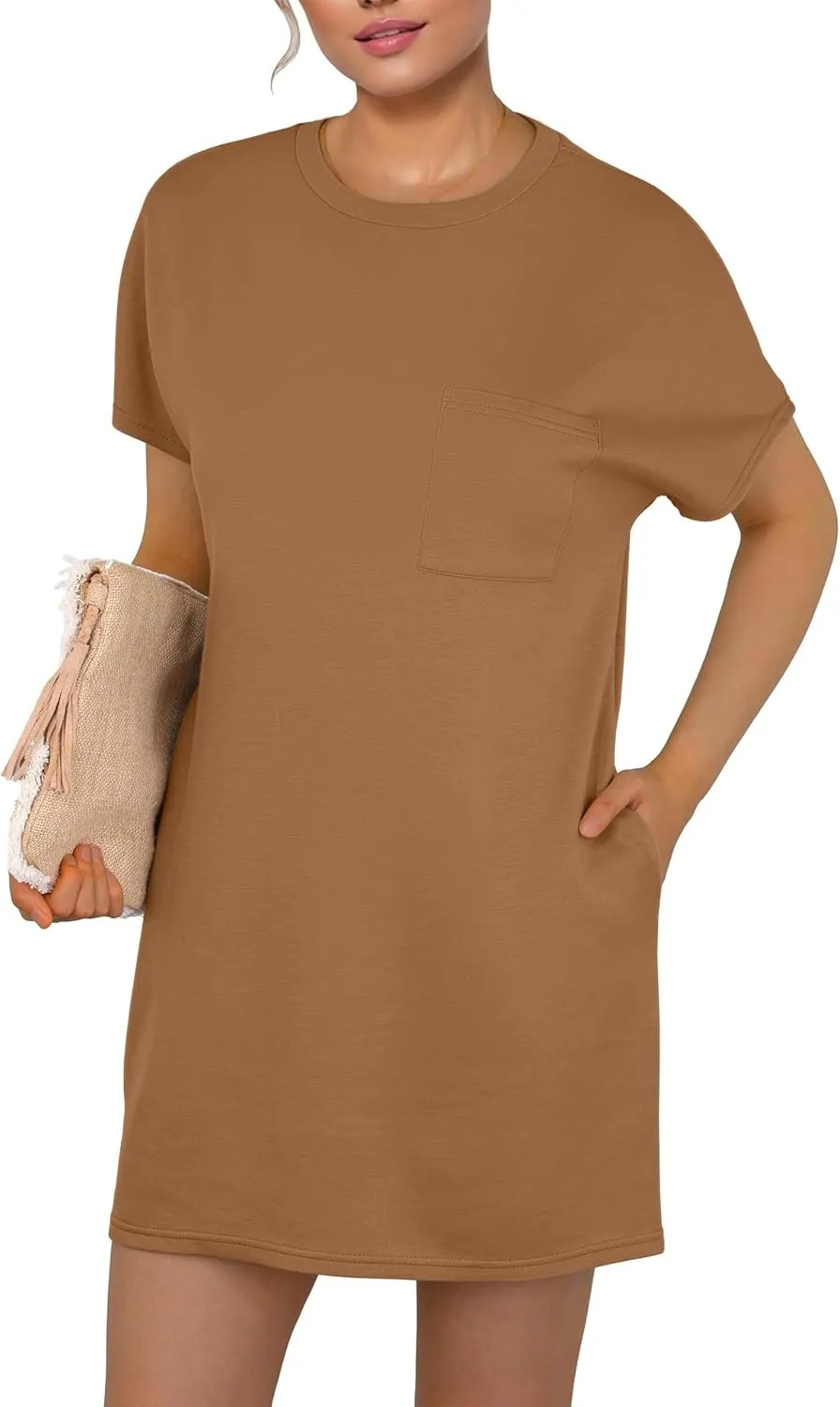 GRECERELLE Women's 2025 Casual Summer Shirt Dress Loose Round Neck Mini Wrinkle-Free Sundress with Pocket