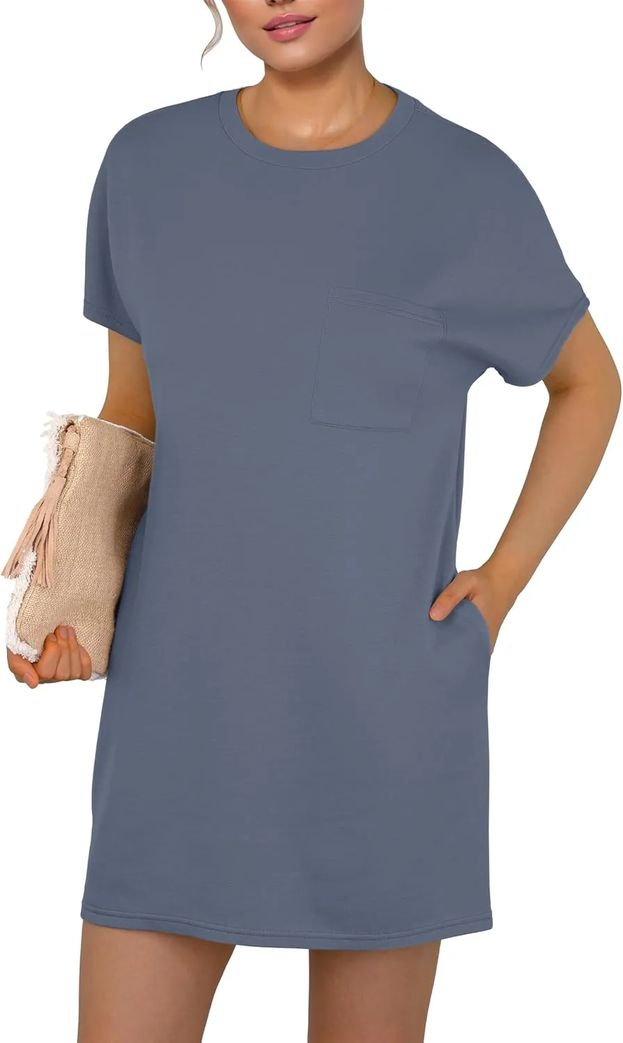GRECERELLE Women's 2025 Casual Summer Shirt Dress Loose Round Neck Mini Wrinkle-Free Sundress with Pocket