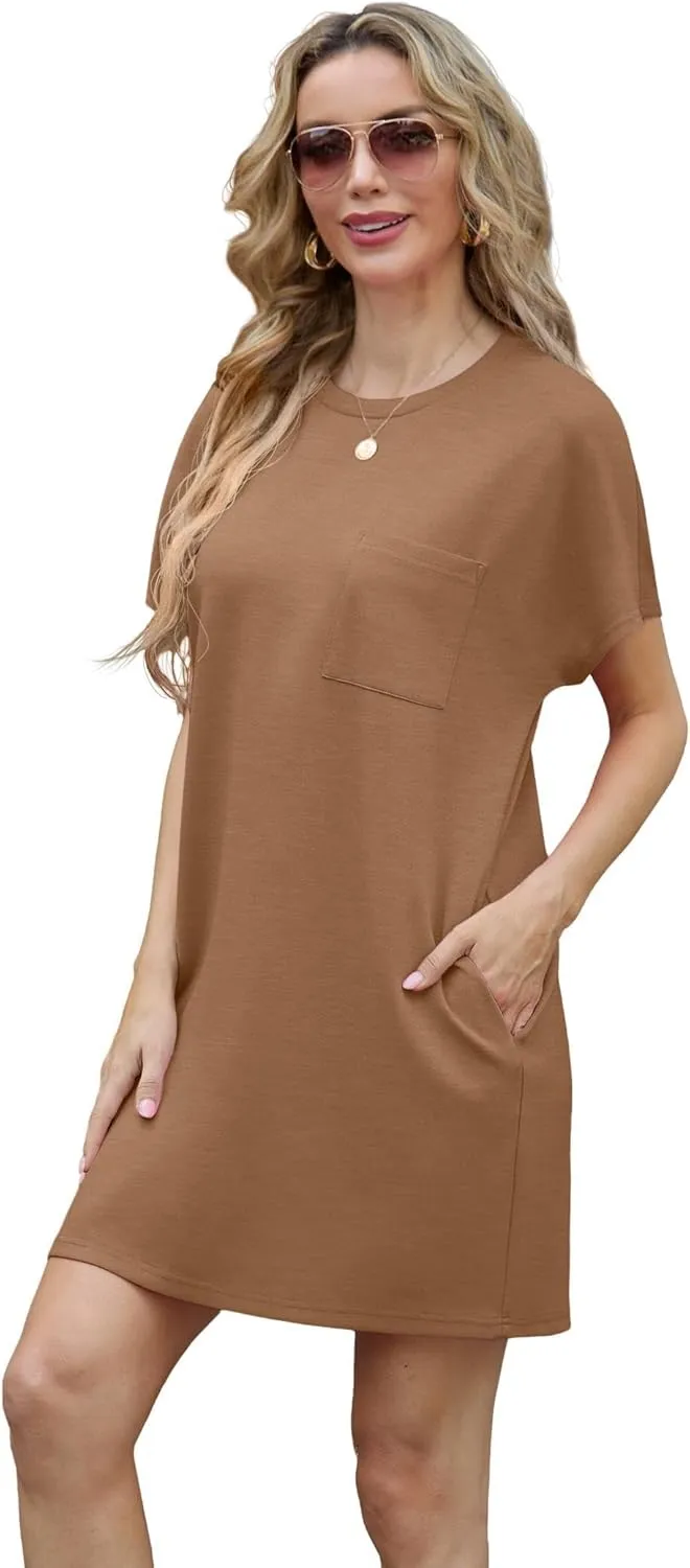 GRECERELLE Women's 2025 Casual Summer Shirt Dress Loose Round Neck Mini Wrinkle-Free Sundress with Pocket