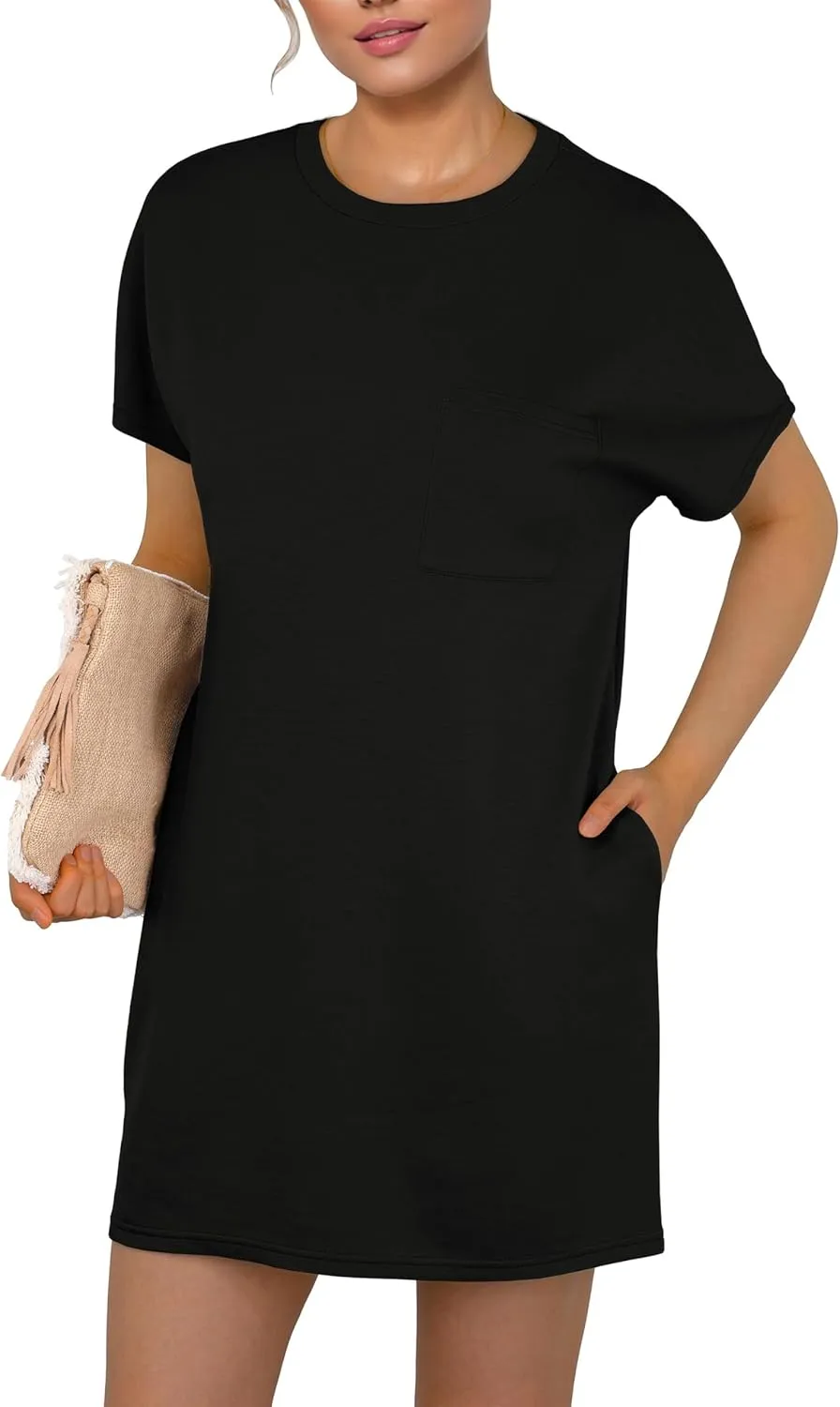 GRECERELLE Women's 2025 Casual Summer Shirt Dress Loose Round Neck Mini Wrinkle-Free Sundress with Pocket