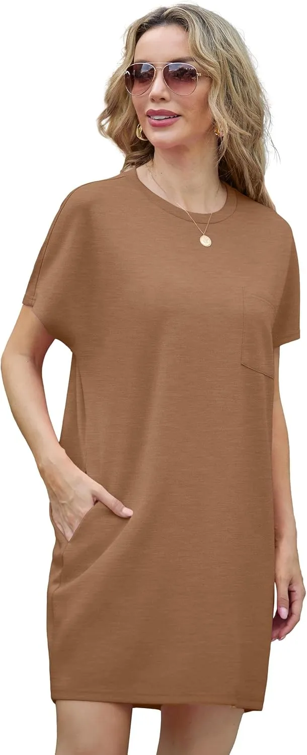 GRECERELLE Women's 2025 Casual Summer Shirt Dress Loose Round Neck Mini Wrinkle-Free Sundress with Pocket