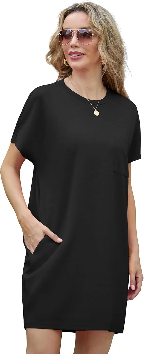 GRECERELLE Women's 2025 Casual Summer Shirt Dress Loose Round Neck Mini Wrinkle-Free Sundress with Pocket