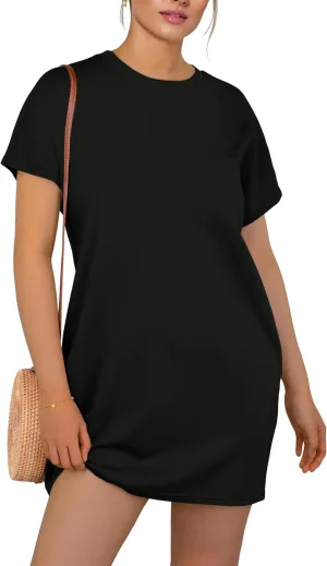 GRECERELLE Women's 2025 Casual Summer Shirt Dress Loose Round Neck Mini Wrinkle-Free Sundress with Pocket