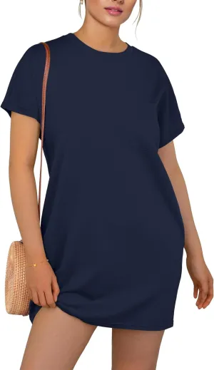 GRECERELLE Women's 2025 Casual Summer Shirt Dress Loose Round Neck Mini Wrinkle-Free Sundress with Pocket