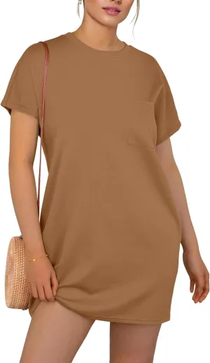 GRECERELLE Women's 2025 Casual Summer Shirt Dress Loose Round Neck Mini Wrinkle-Free Sundress with Pocket