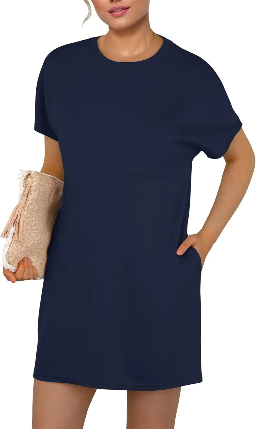 GRECERELLE Women's 2025 Casual Summer Shirt Dress Loose Round Neck Mini Wrinkle-Free Sundress with Pocket